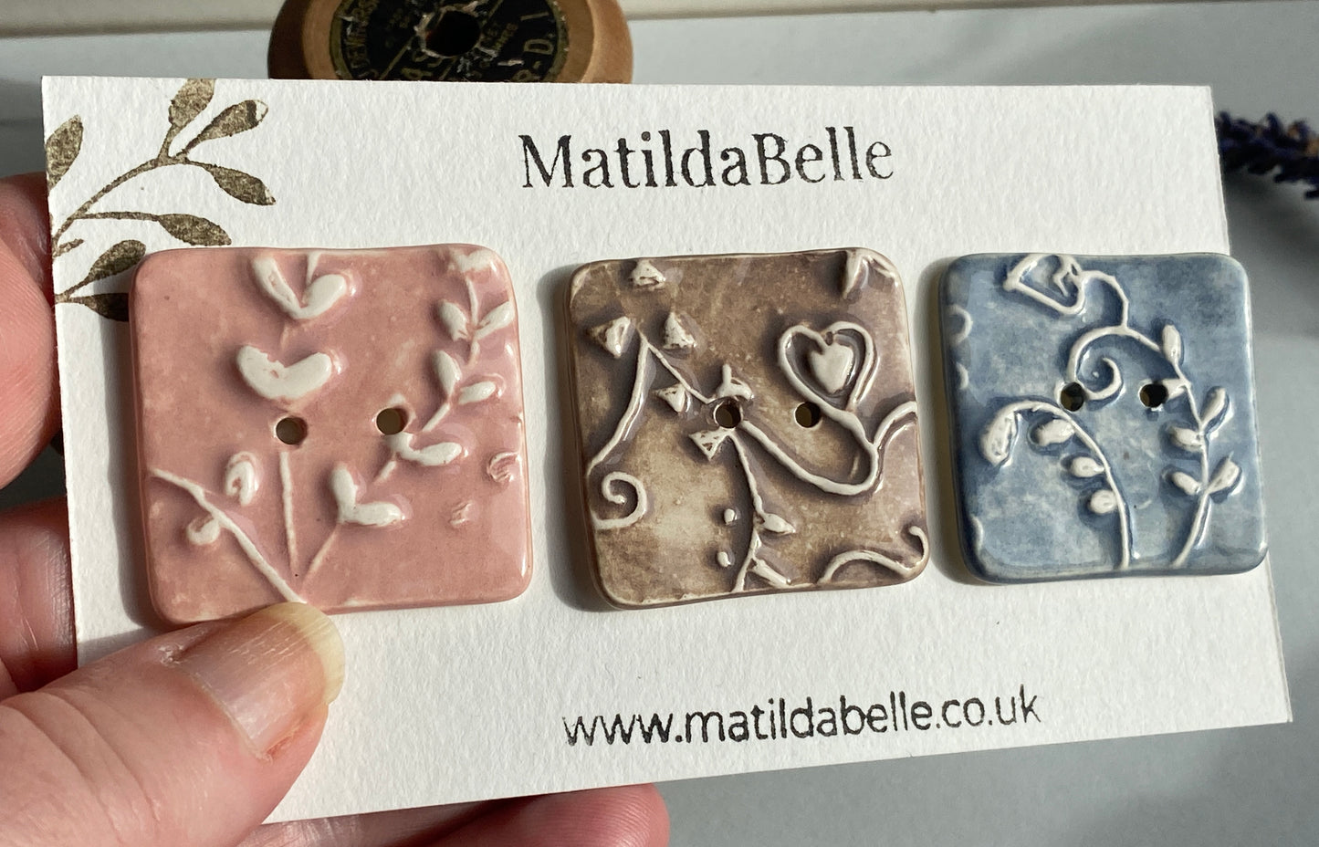 Handmade set of 3 Ceramic square Buttons Whimsical design