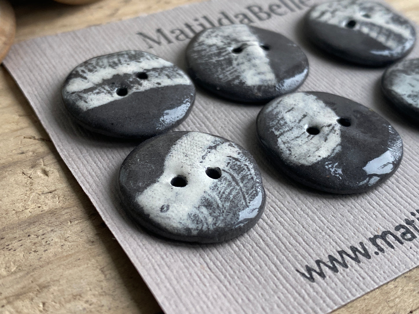 22mm Set of 6 Hand-Formed Black Clay Ceramic Round Buttons - 20mm-22mm -