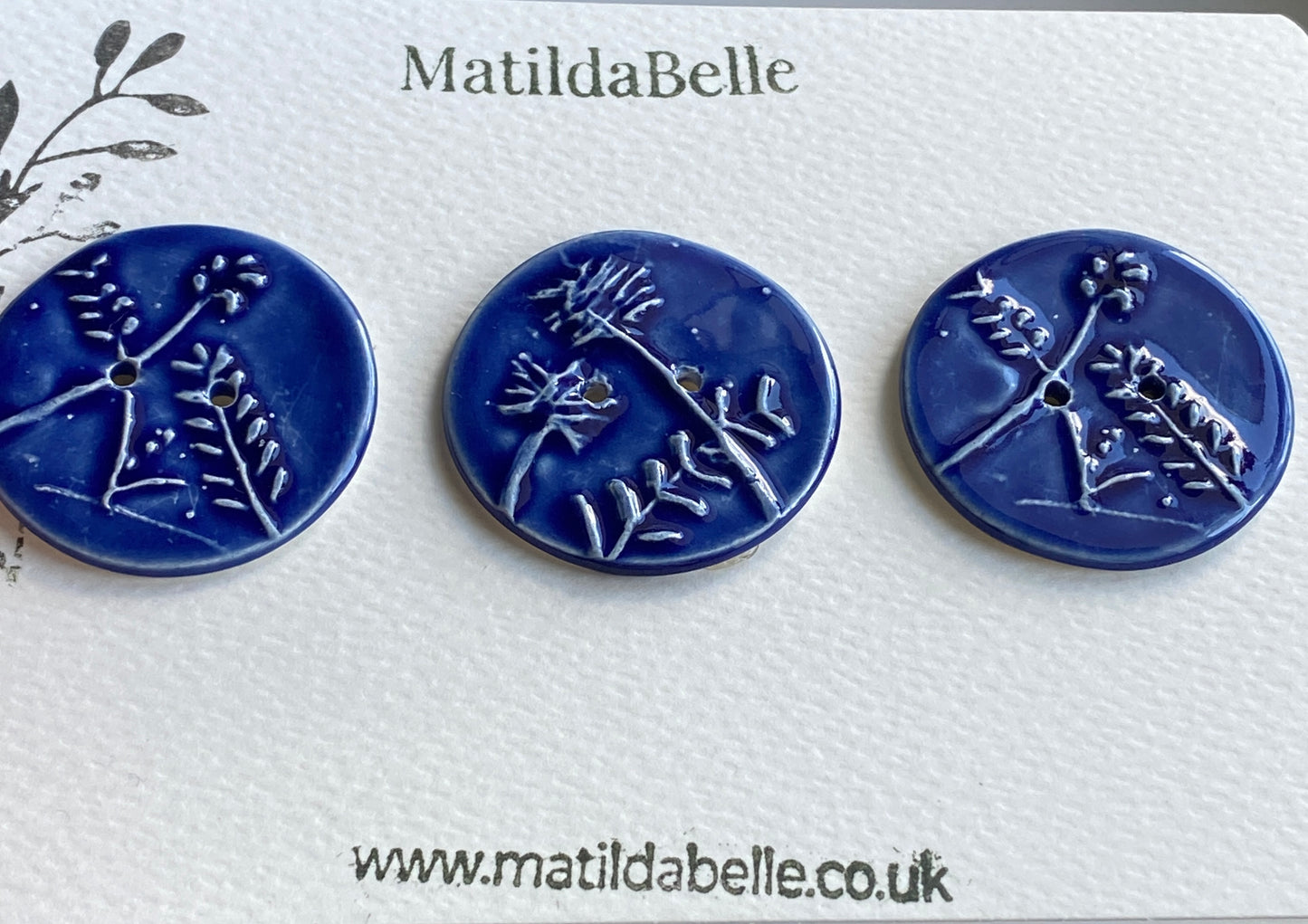 Handmade Ceramic Round 36mm Buttons Botanical Navy Blue