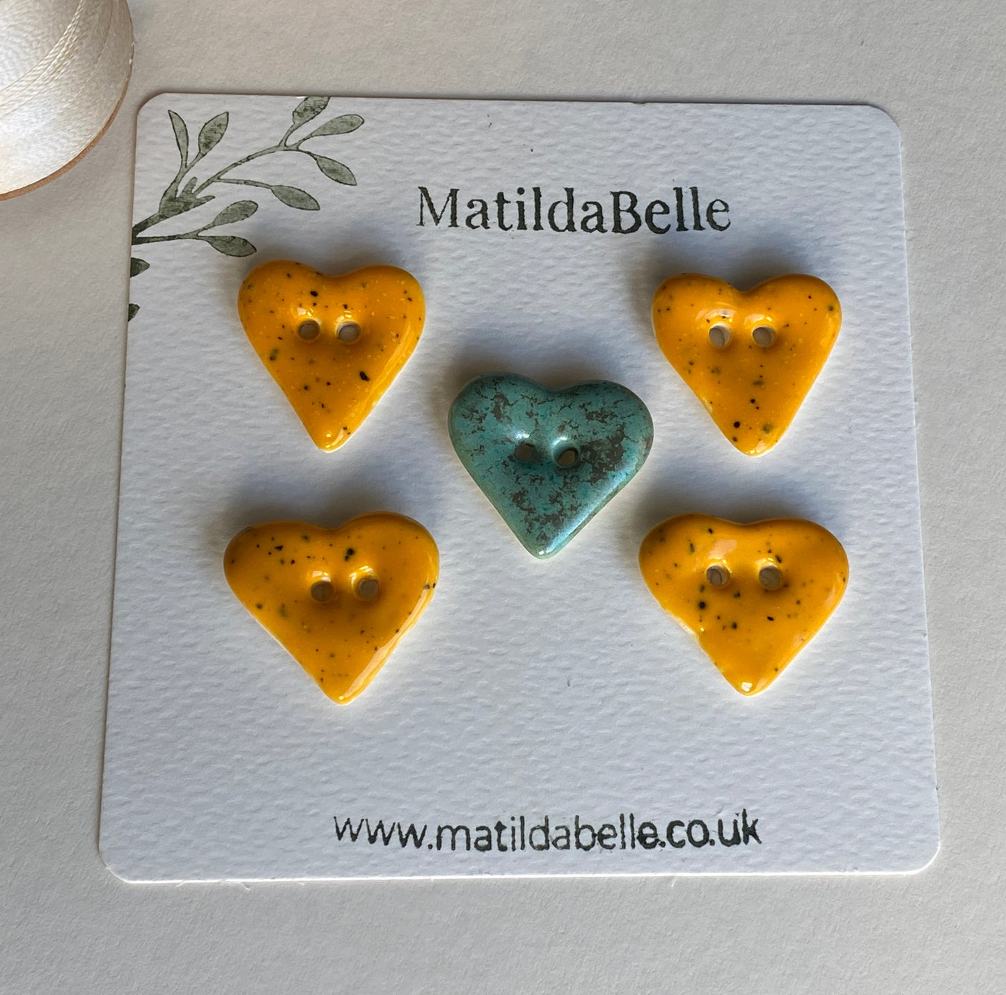 Handmade Ceramic Heart Buttons, Mixed Set of 5