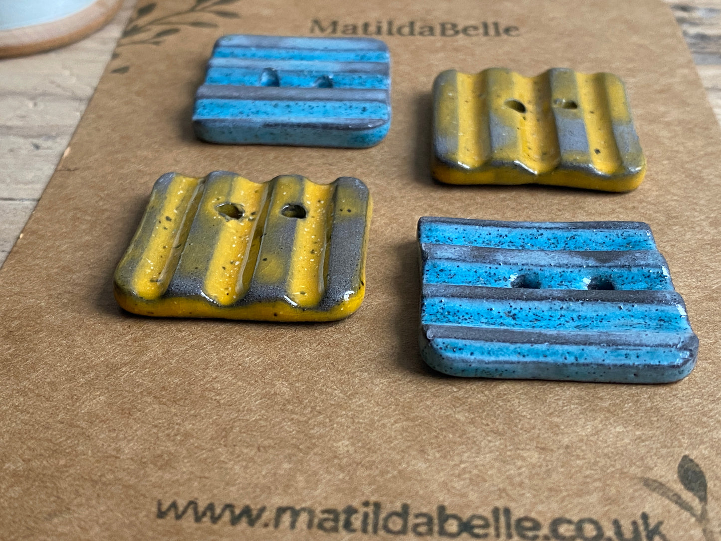 30mm Set of 4 Square Stoneware Buttons 30mm rippled yellow and blue