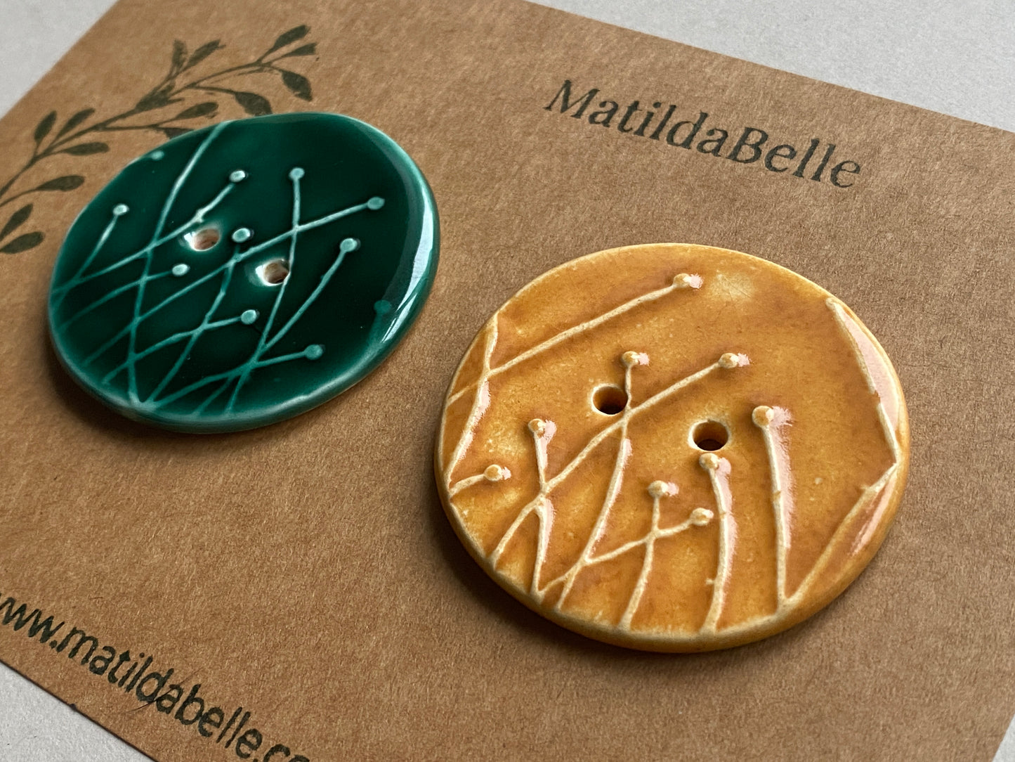 Large Pair of Botanical Handmade Buttons 46mm Green and Honey