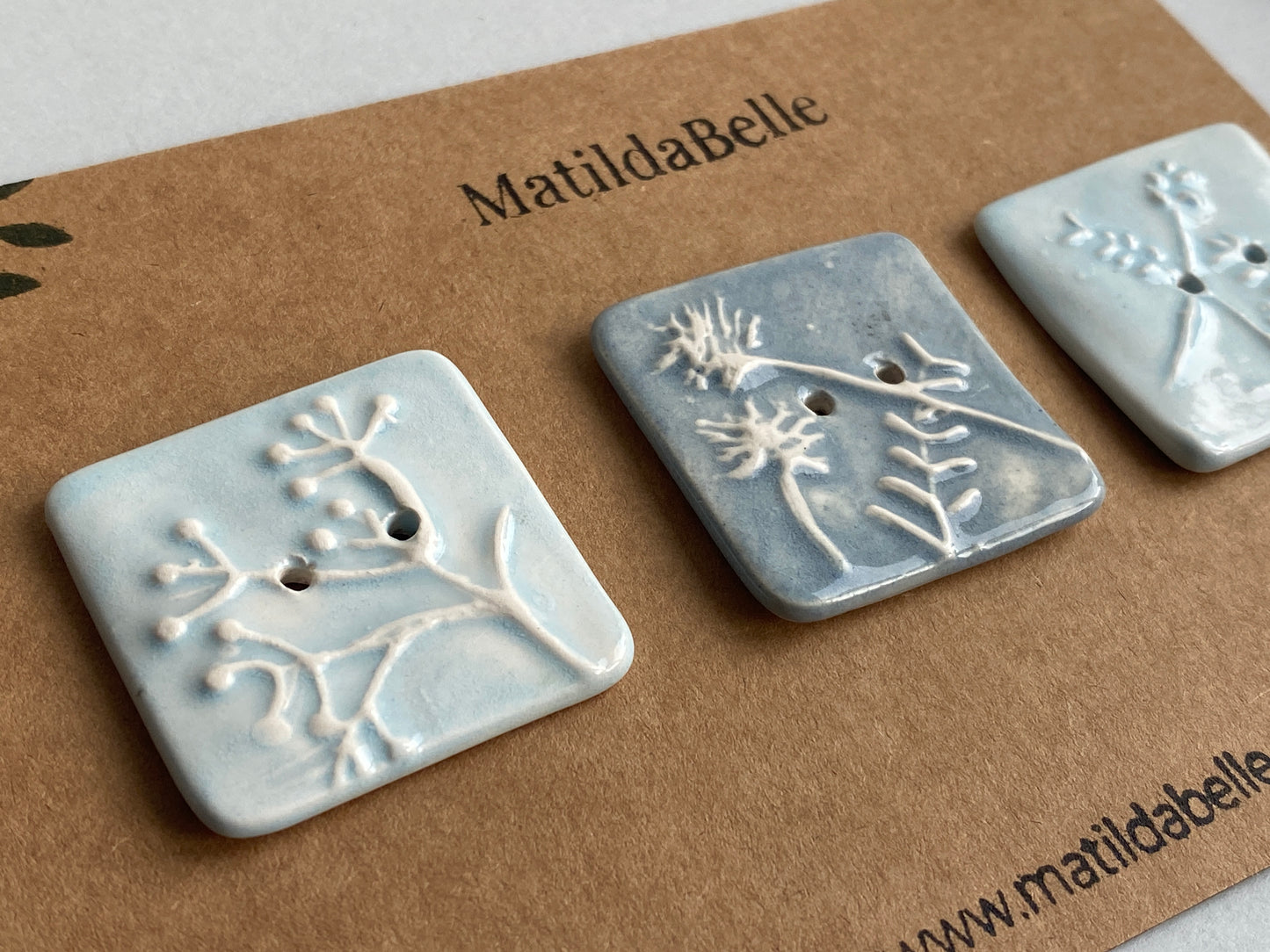 Buttons Set of 3 Botanical Square Handmade Ceramic Buttons