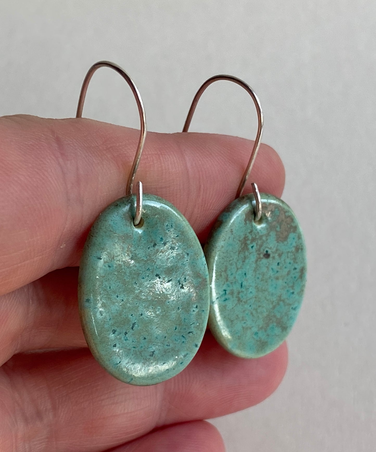 Ceramic Ovals  Dangle Earrings - Green gold glaze