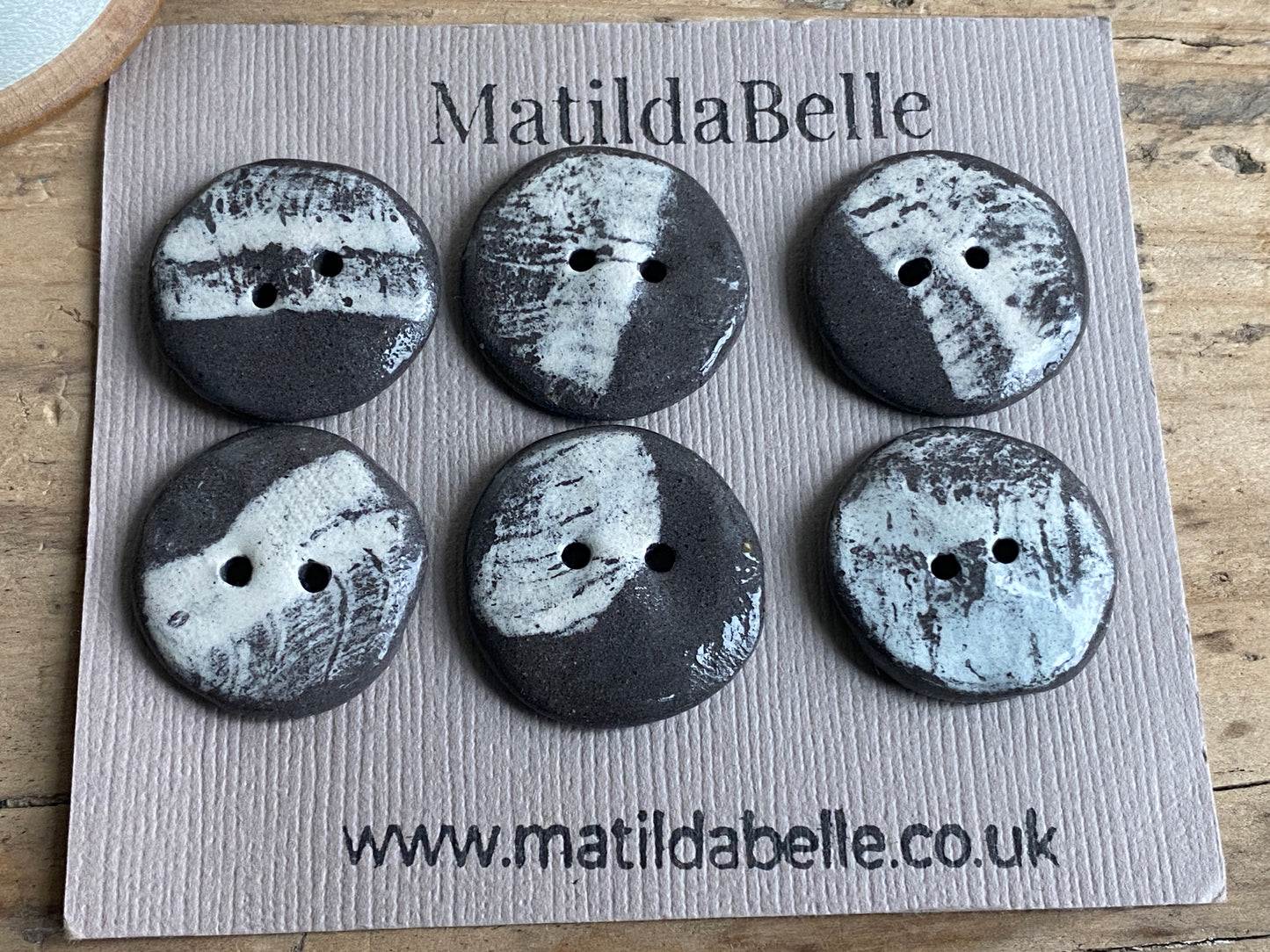 22mm Set of 6 Hand-Formed Black Clay Ceramic Round Buttons - 20mm-22mm -