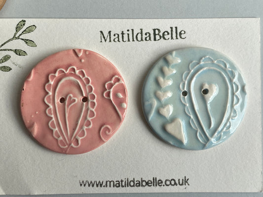 Handmade set of 2 Ceramic large Buttons Whimsical design