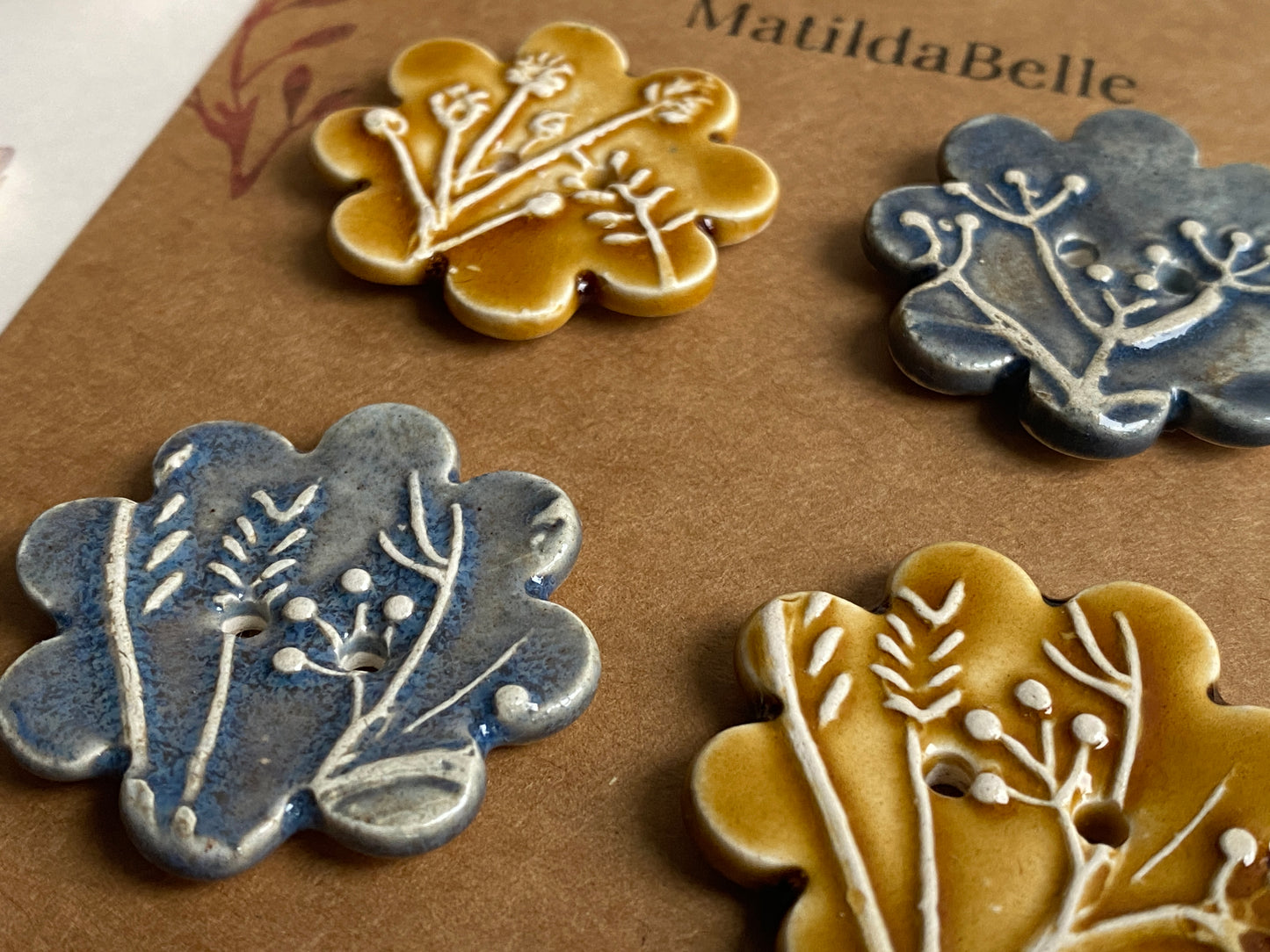 Buttons set of 4 Large Botanical Flower Handmade Ceramic Buttons