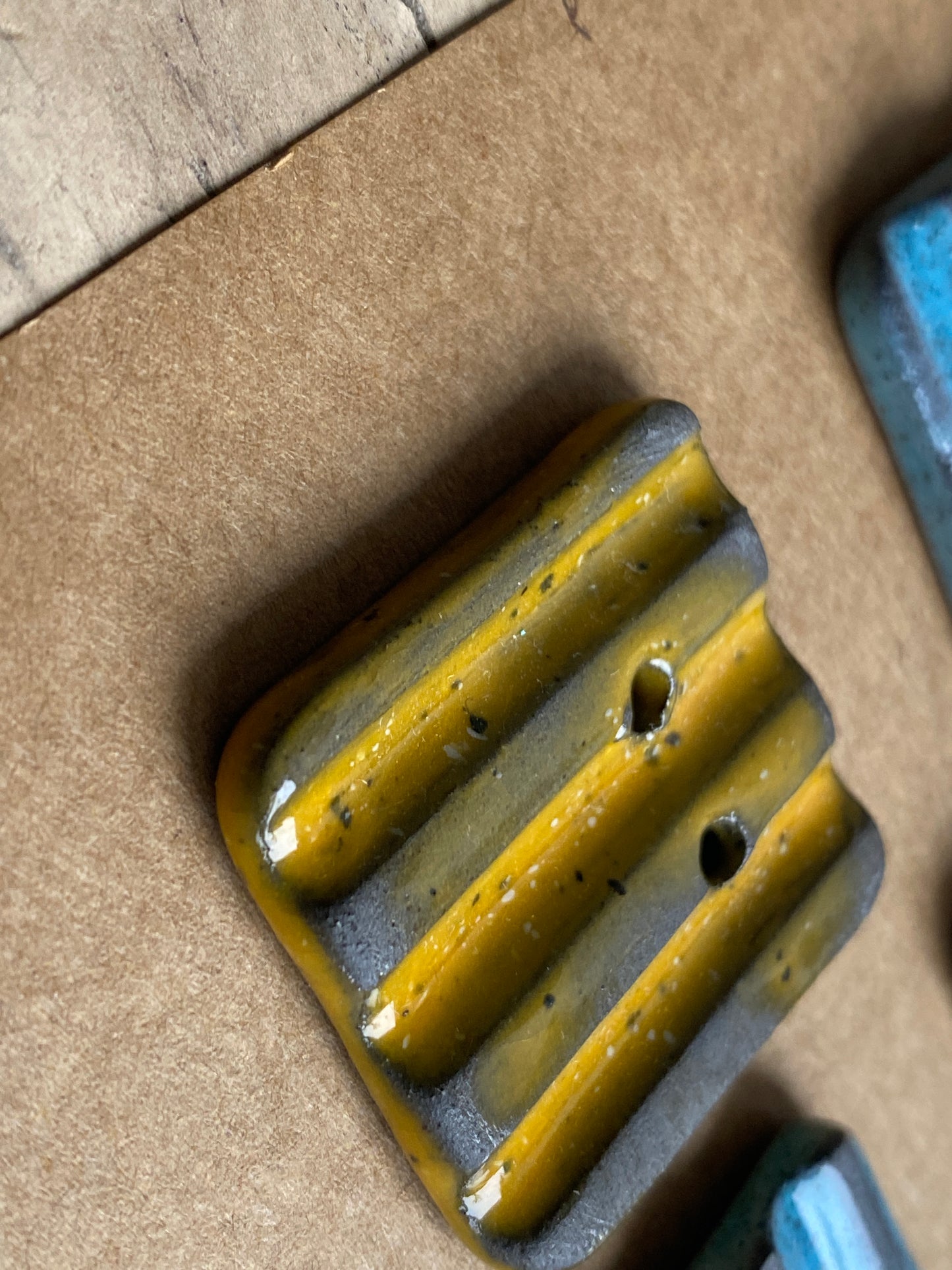 30mm Set of 4 Square Stoneware Buttons 30mm rippled yellow and blue