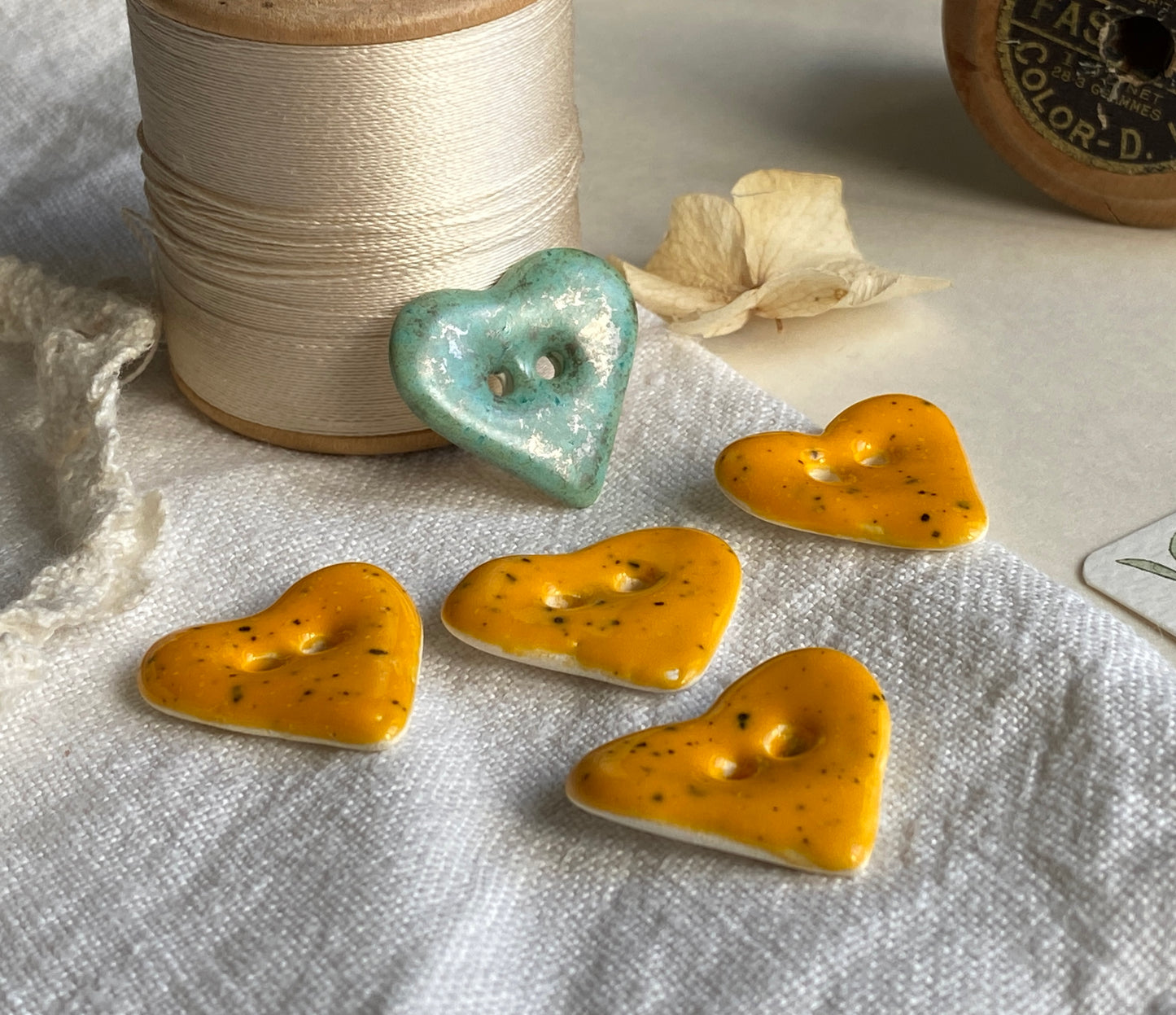 Handmade Ceramic Heart Buttons, Mixed Set of 5
