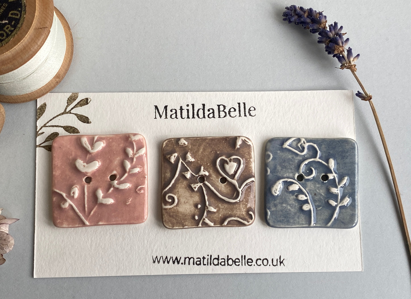 Handmade set of 3 Ceramic square Buttons Whimsical design