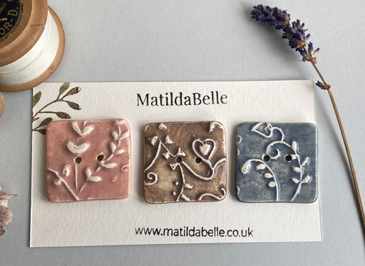 Handmade set of 3 Ceramic square Buttons Whimsical design