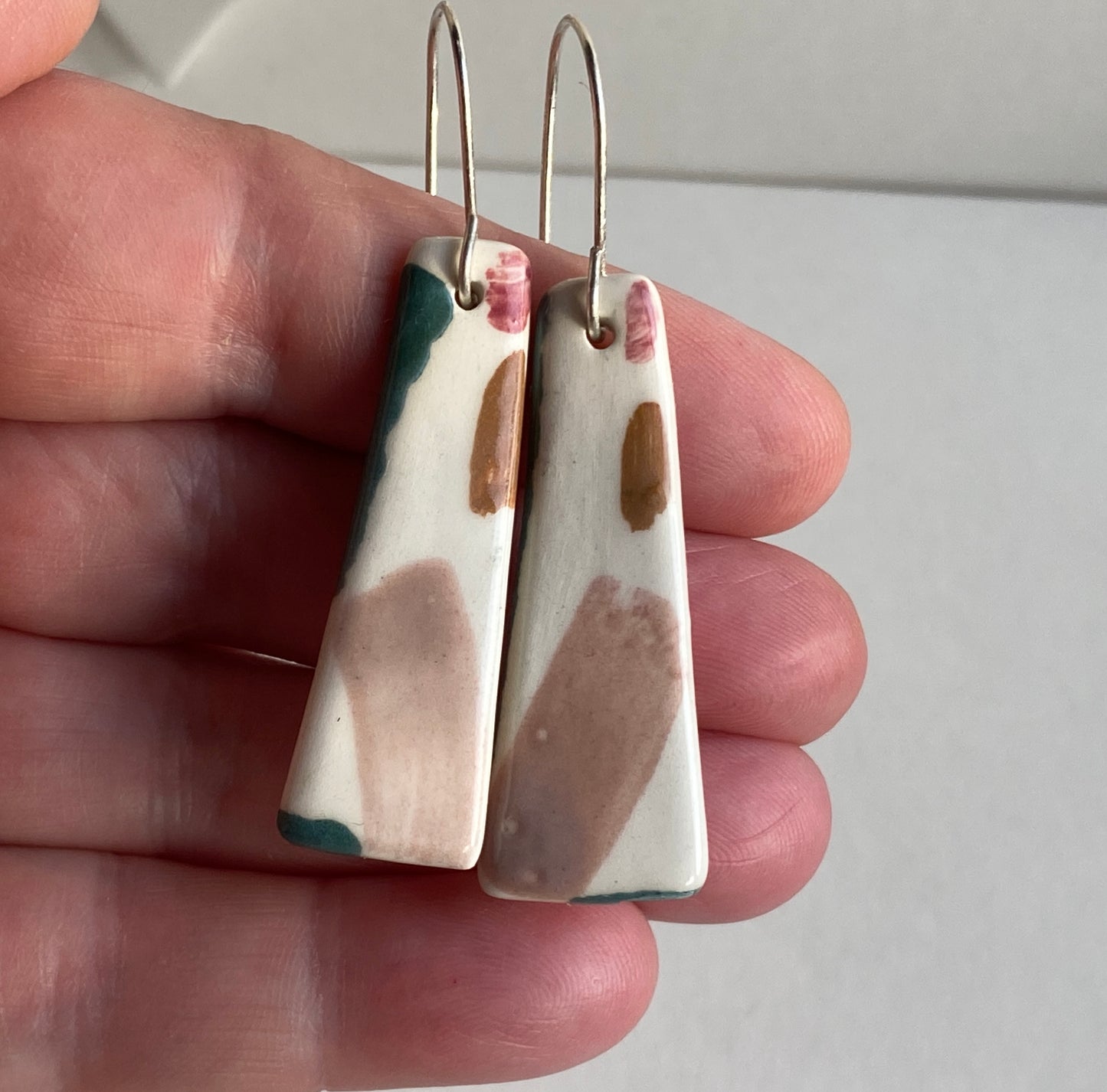 Ceramic painterly Dangle Earrings - Dusky Pink Glaze - Handmade Recycled Silver Wires