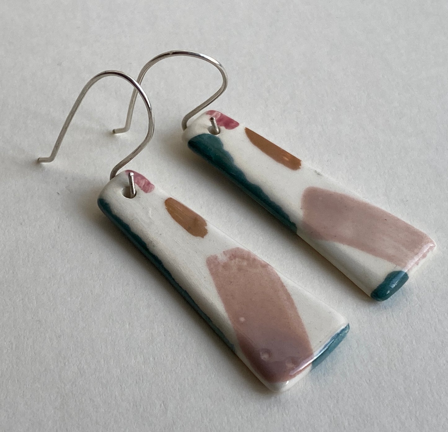 Ceramic painterly Dangle Earrings - Dusky Pink Glaze - Handmade Recycled Silver Wires