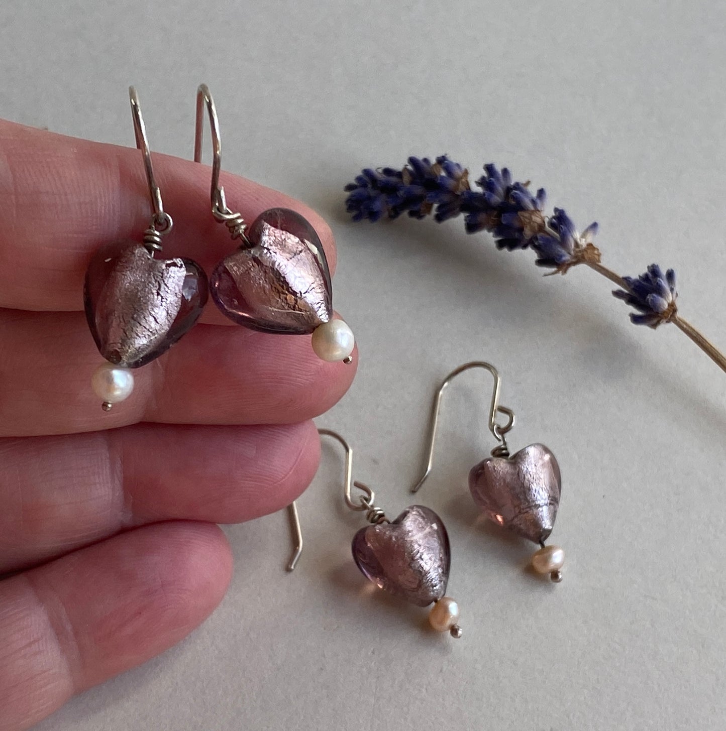 Glass Heart Silver drop Earrings with pearls