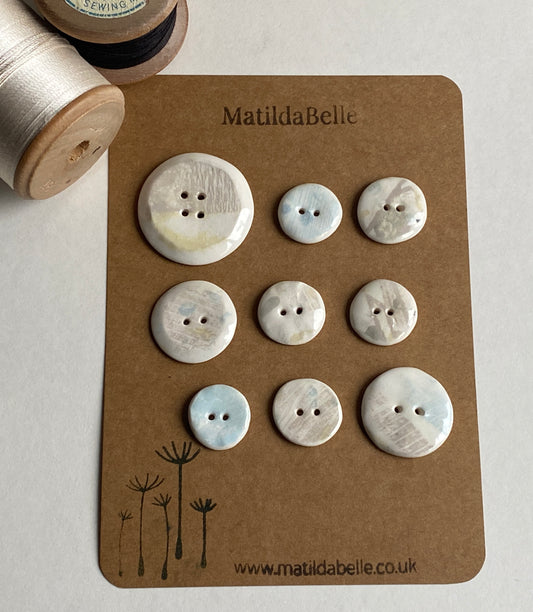 Buttons set of 9,  Mixed size Handmade Mono Printed  Ceramic Buttons