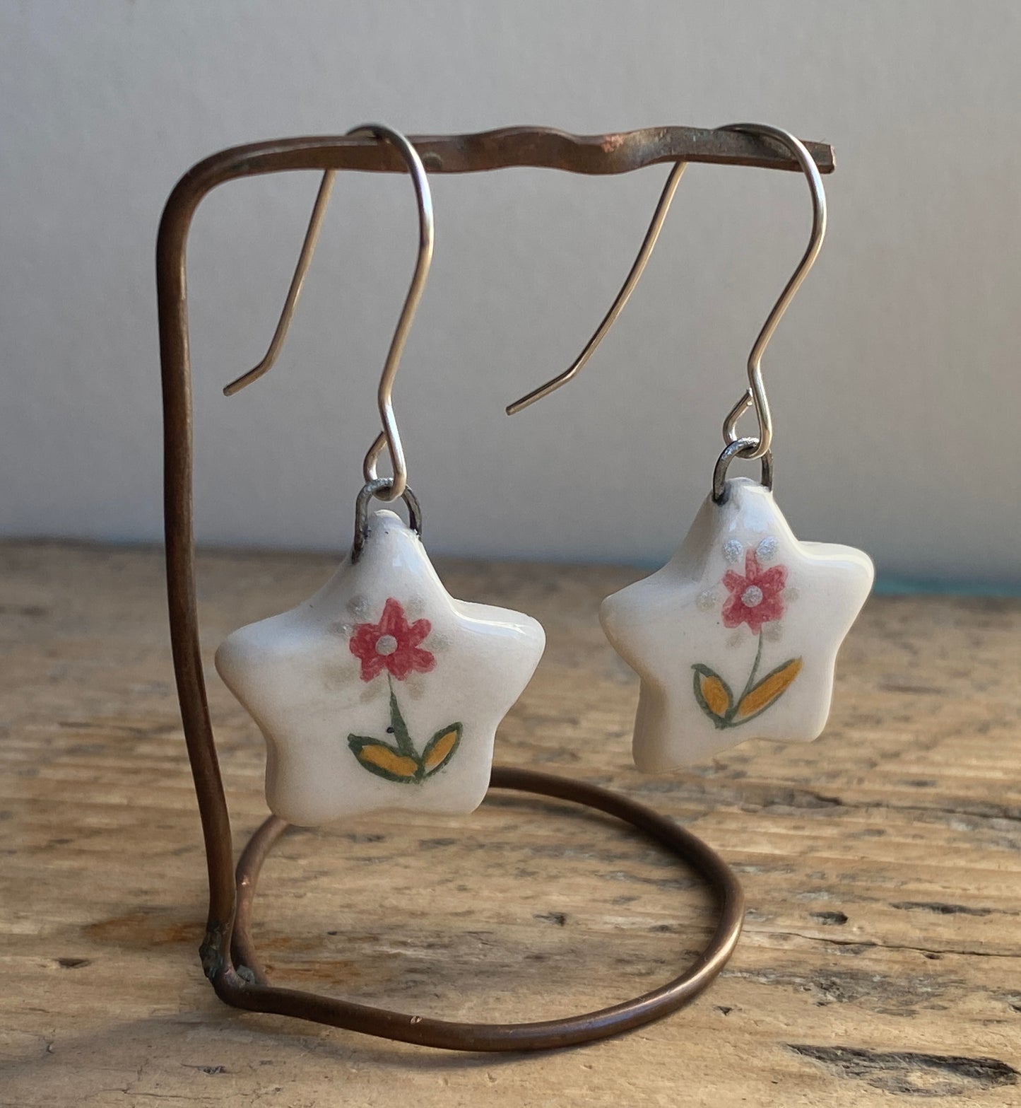 Folk Art Red Flower Handmade Dangly Earrings with Sterling Silver