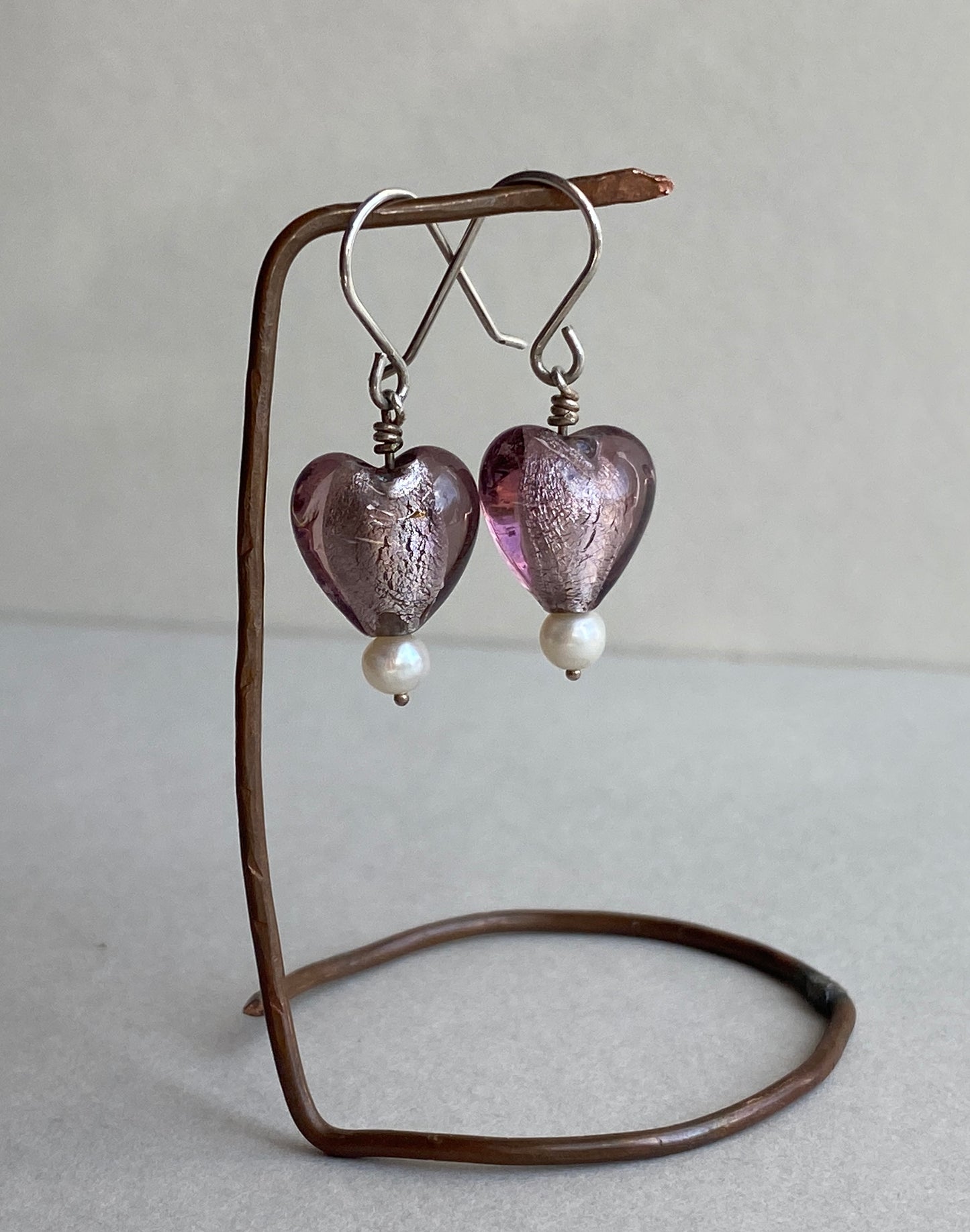 Glass Heart Silver drop Earrings with pearls