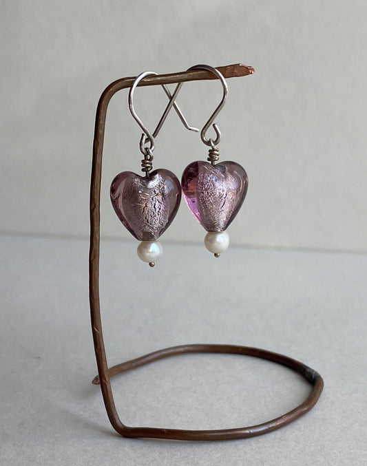 Glass Heart Silver drop Earrings with pearls