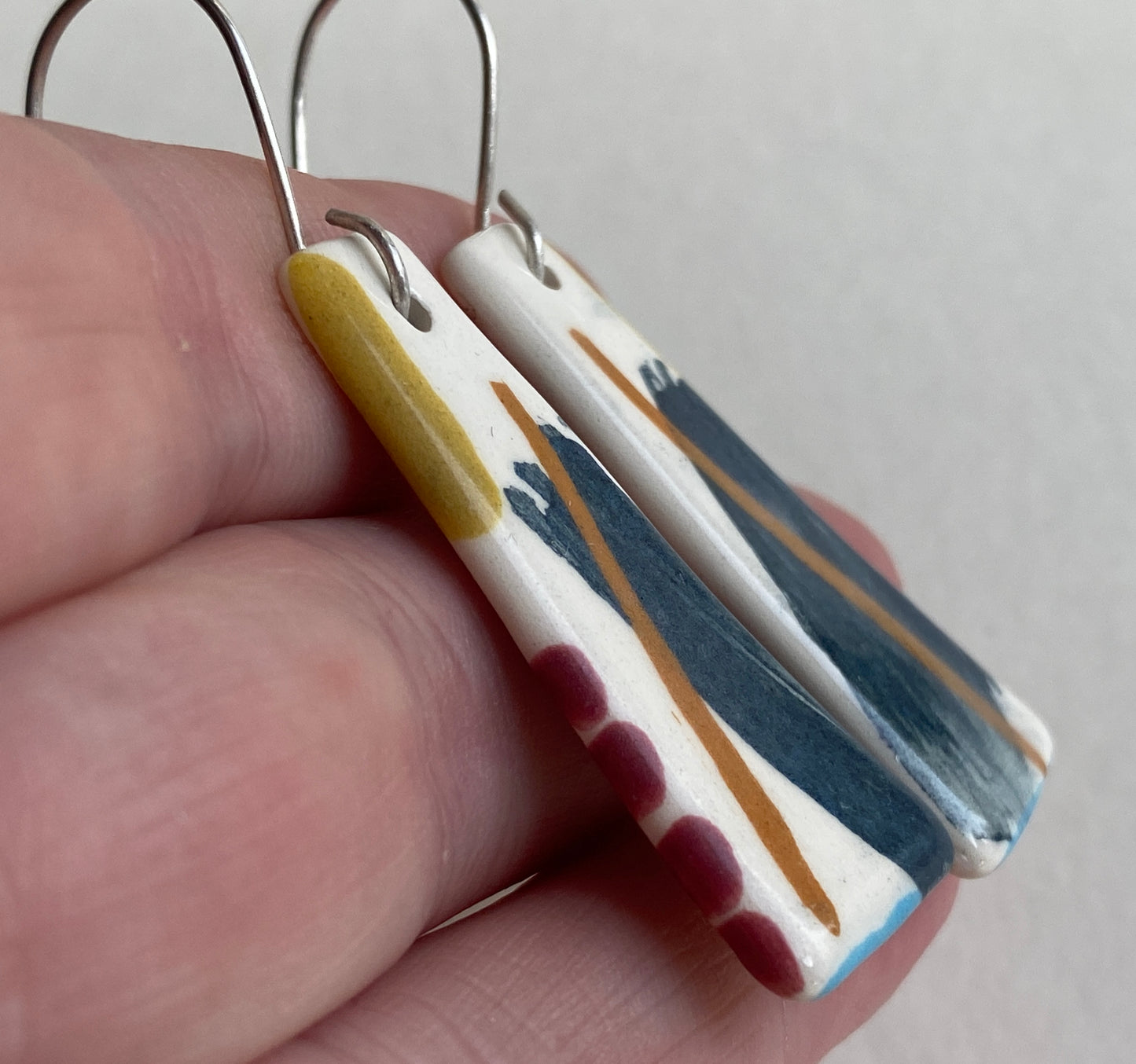 Ceramic painterly Dangle Earrings - Navy Blue Glaze - Handmade Recycled Silver Wires
