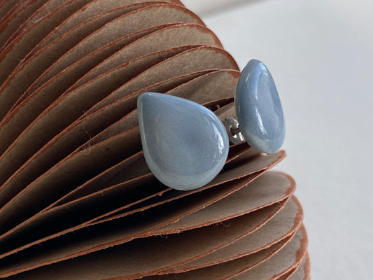 Tear drop Grey- Blue Stud ceramic Earrings on Sterling Silver
