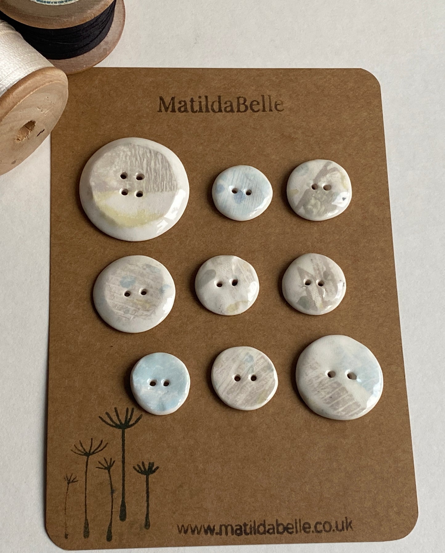 Buttons set of 9,  Mixed size Handmade Mono Printed  Ceramic Buttons