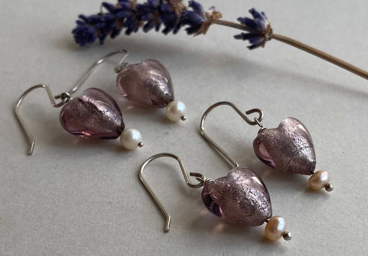 Glass Heart Silver drop Earrings with pearls