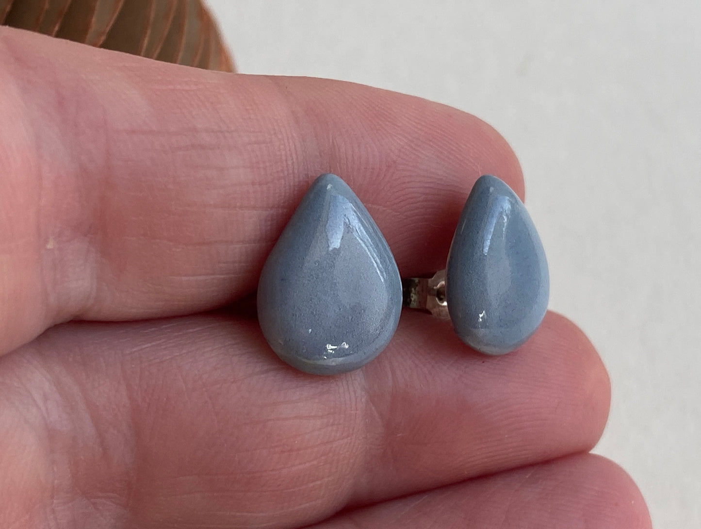 Tear drop Grey- Blue Stud ceramic Earrings on Sterling Silver