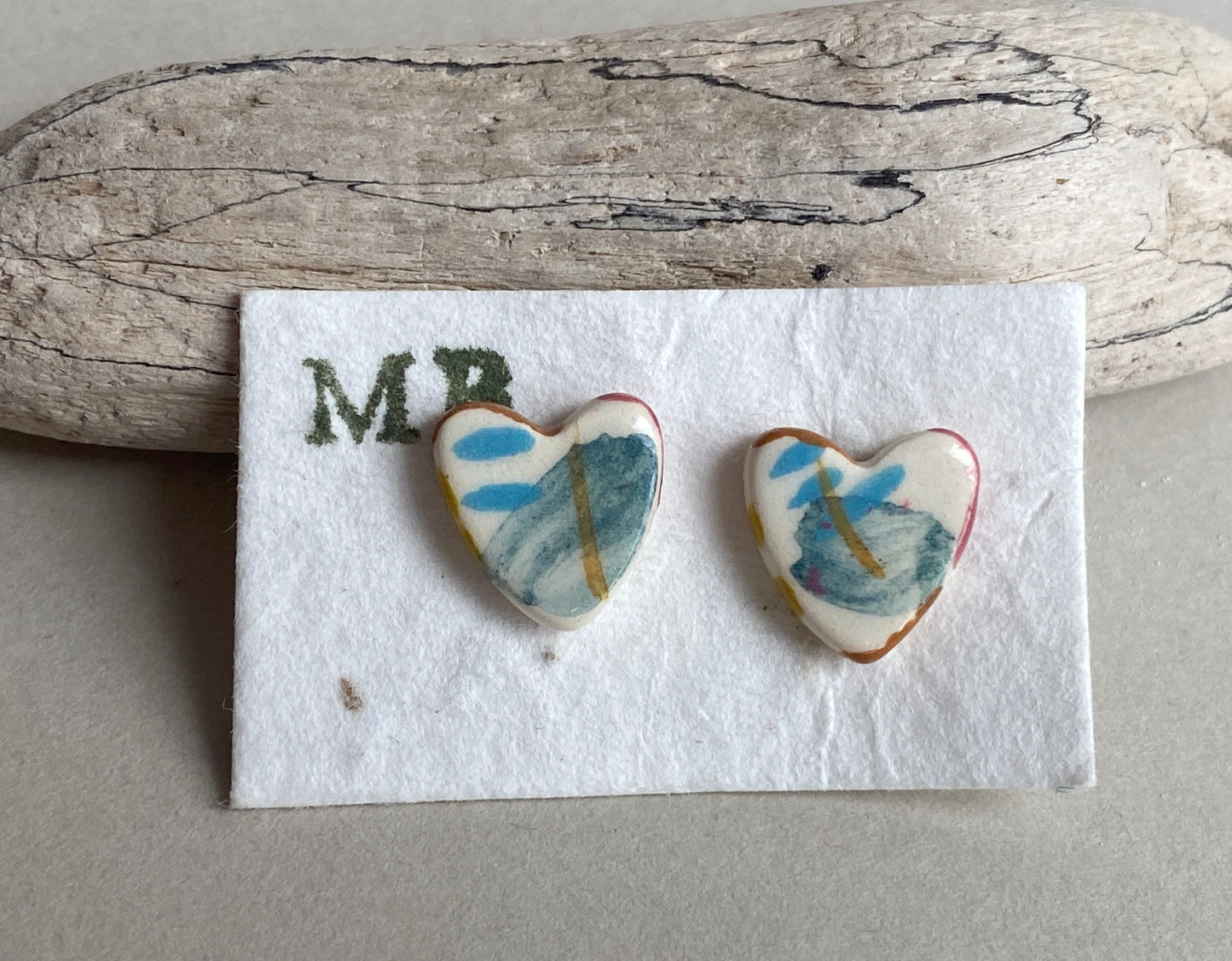 Heart Stud earrings handmade ceramic with Sterling Silver, coastal vibe