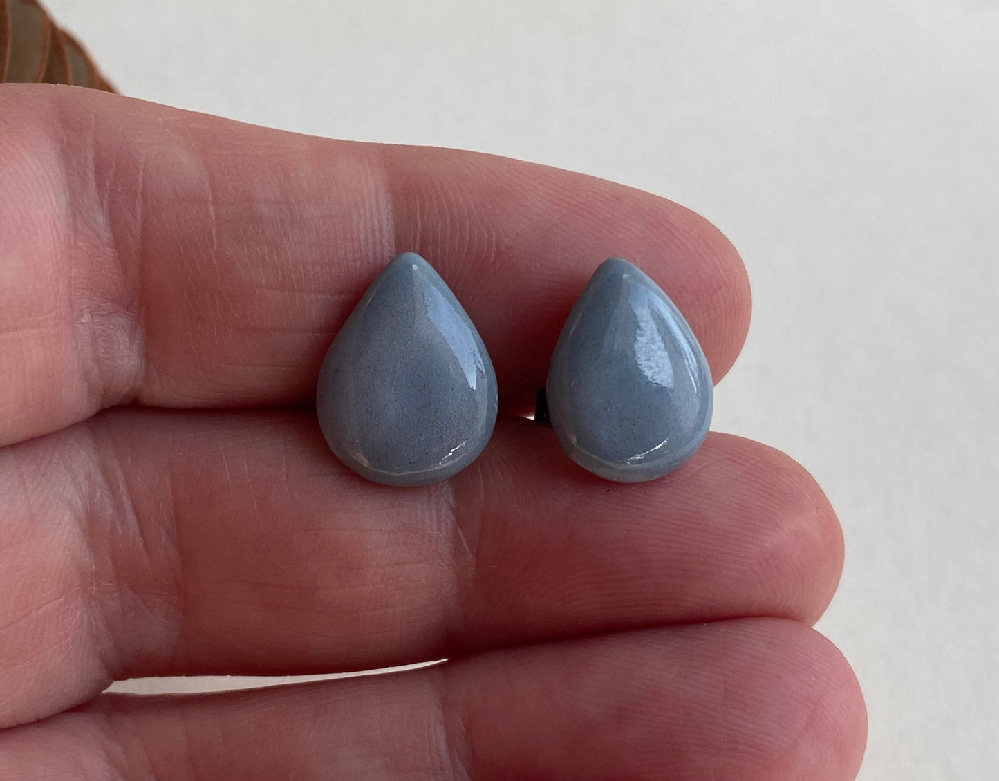 Tear drop Grey- Blue Stud ceramic Earrings on Sterling Silver