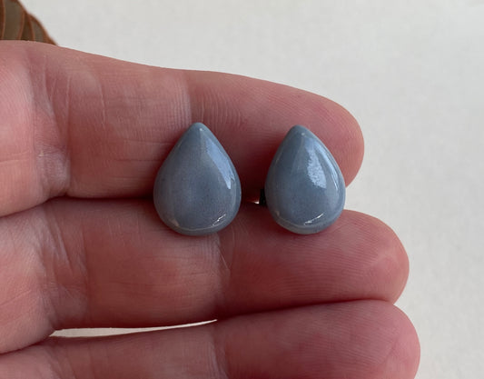 Tear drop Grey- Blue Stud ceramic Earrings on Sterling Silver
