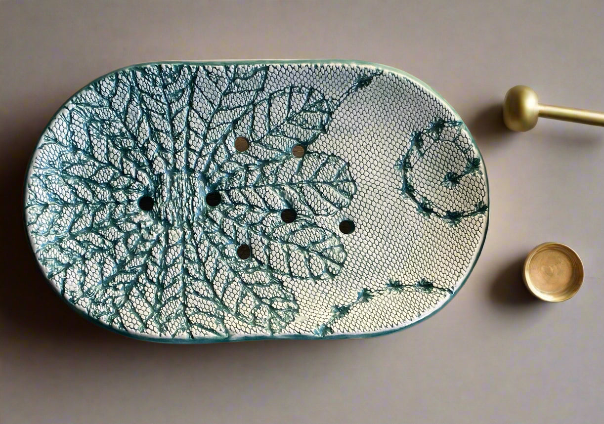 Handmade Green Ceramic Soap Dish with Drainage ,large oval