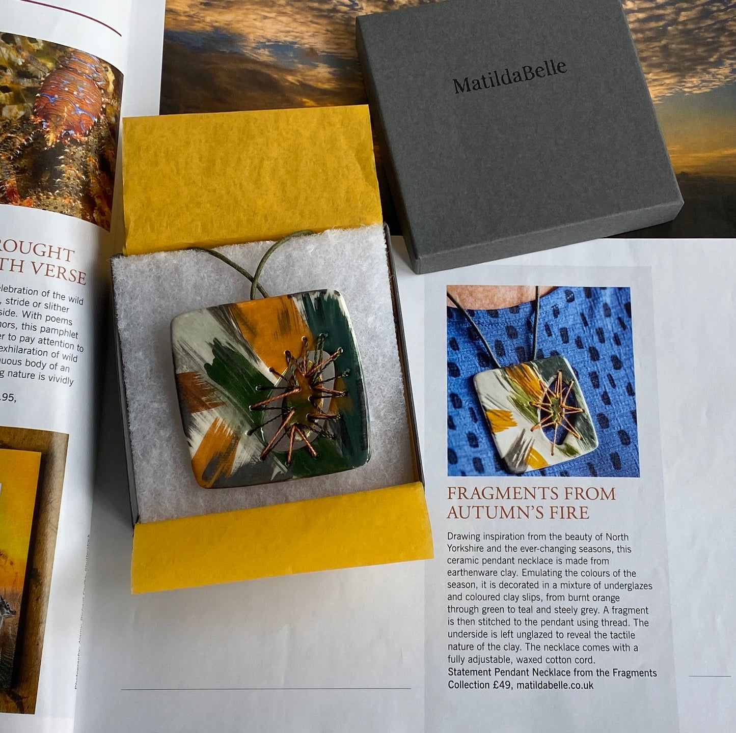 Handmade Ceramic Stitched Pendant Necklace Earthy Tones