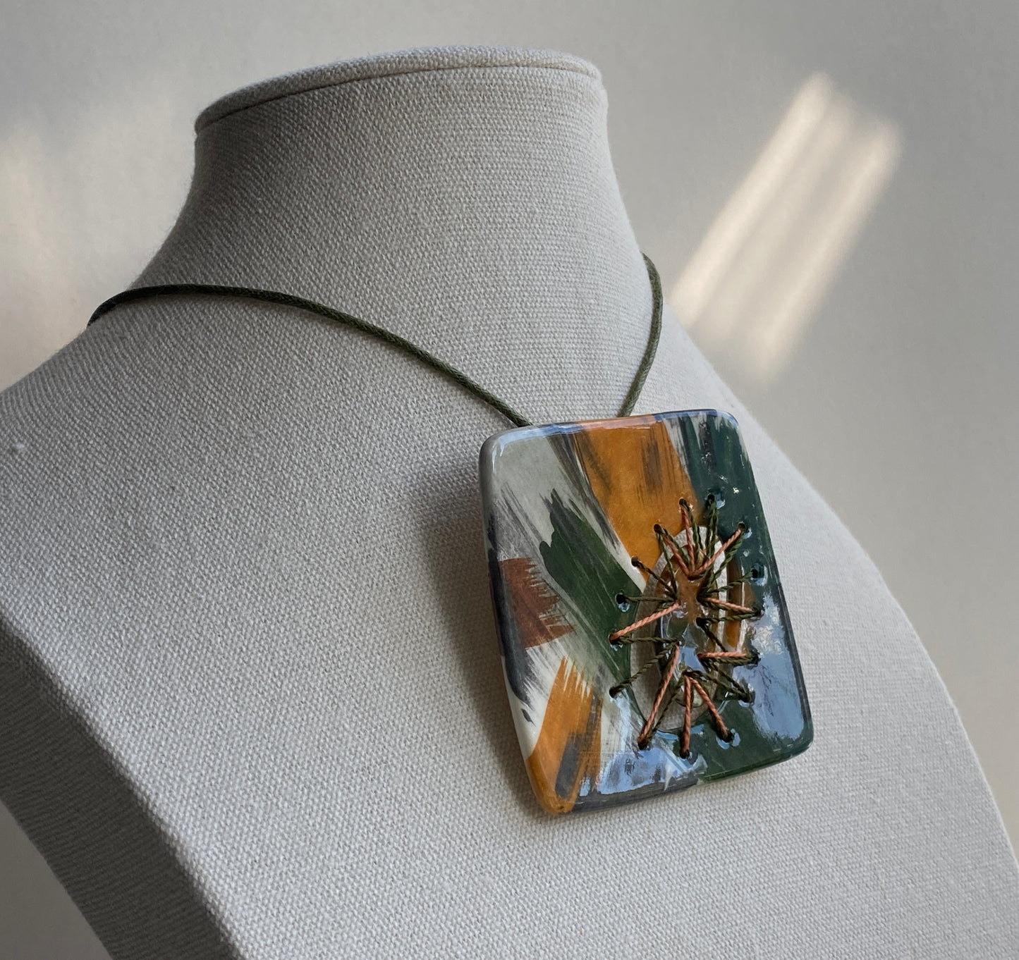 Handmade Ceramic Stitched Pendant Necklace Earthy Tones