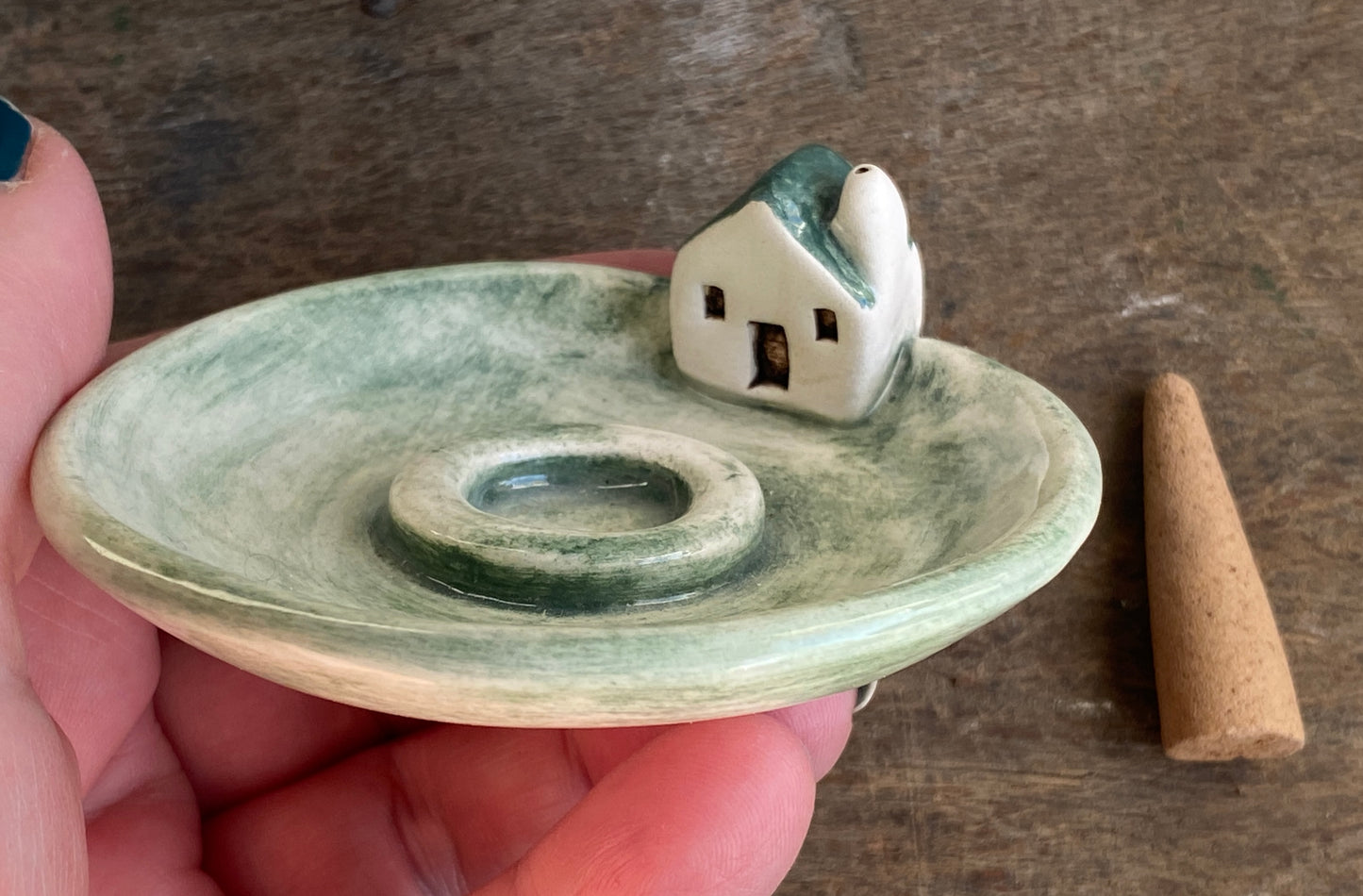 Incense cone holder with little cottage