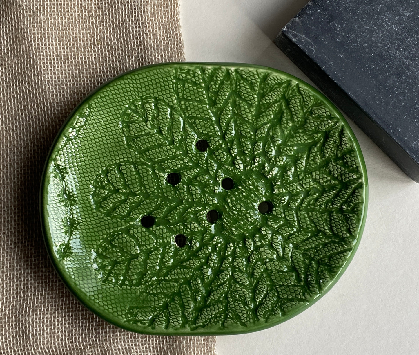 Handmade soap Dish with drainage rich green