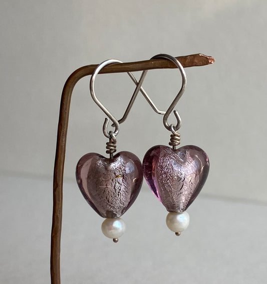Glass Heart Silver drop Earrings with pearls