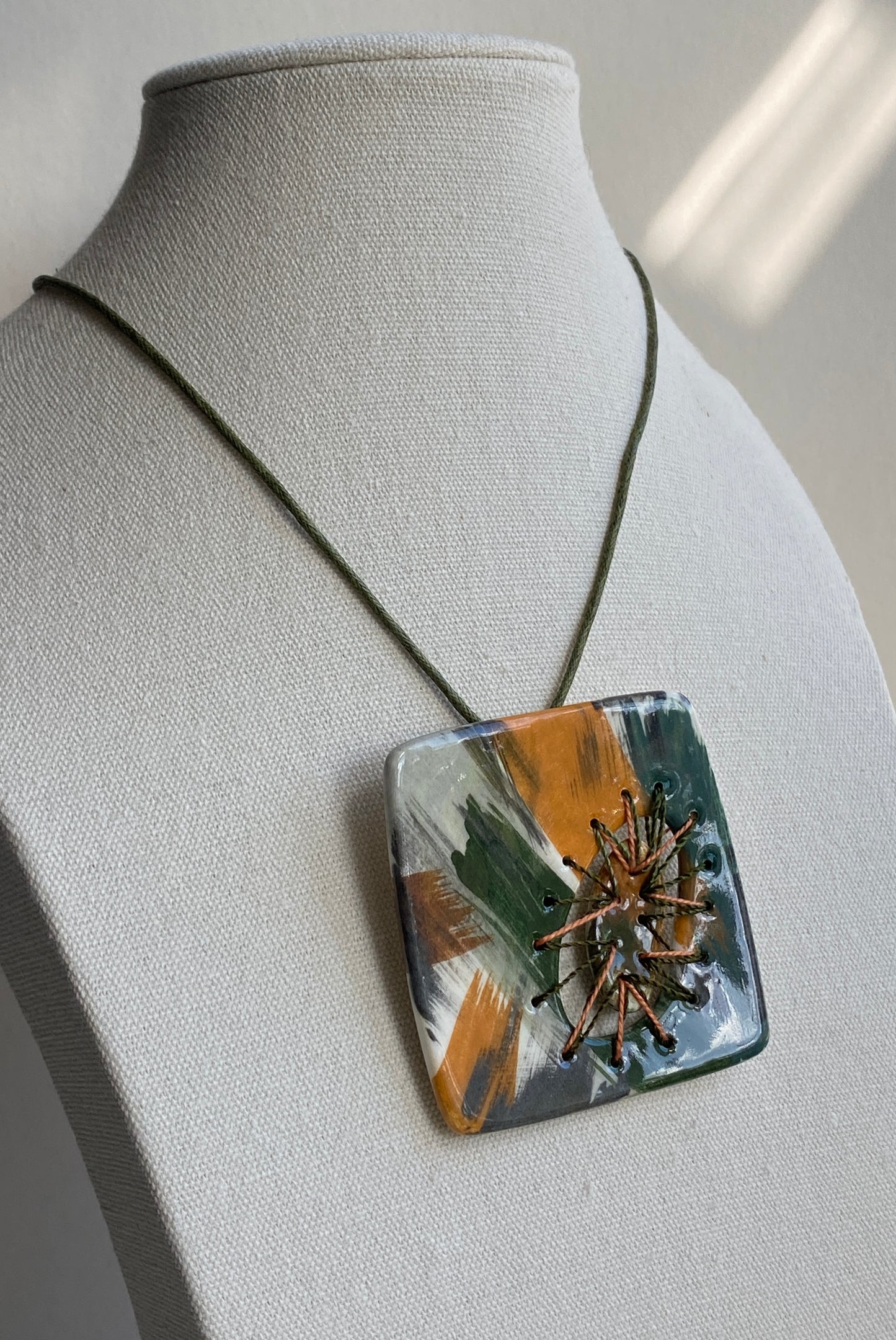 Handmade Ceramic Stitched Pendant Necklace Earthy Tones