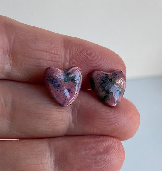 Handmade Heart Ceramic Earrings, Purple free P&P