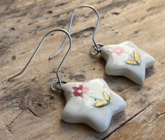 Folk Art Red Flower Handmade Dangly Earrings with Sterling Silver