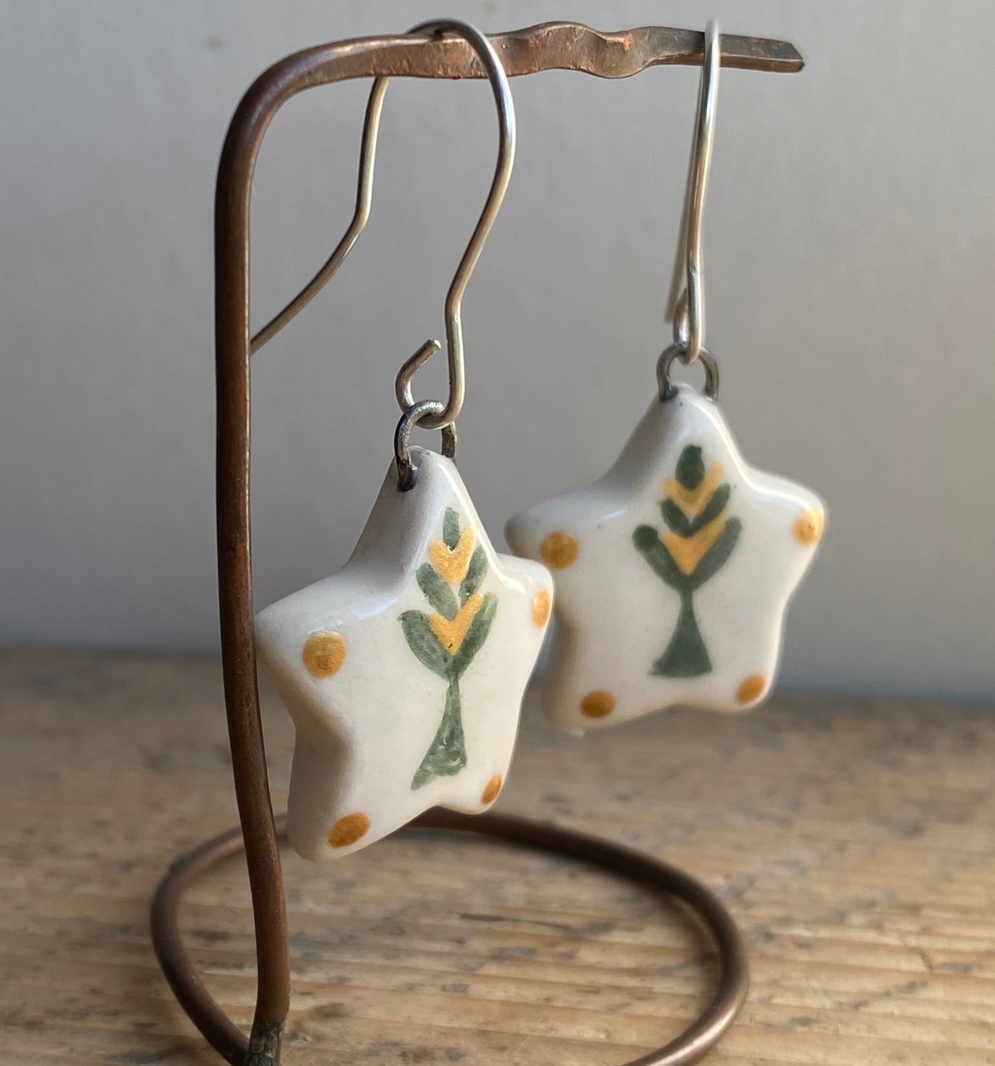Folk Art Green Tree Handmade Dangly Earrings with Sterling Silver