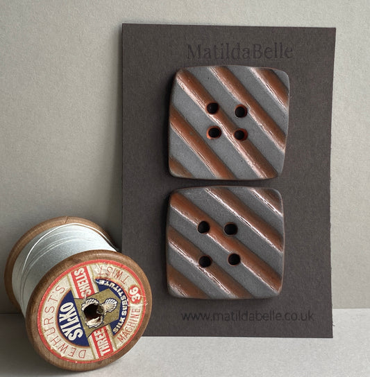 Ceramic 45mm Handmade Chunky Buttons Square set of two rippled orange