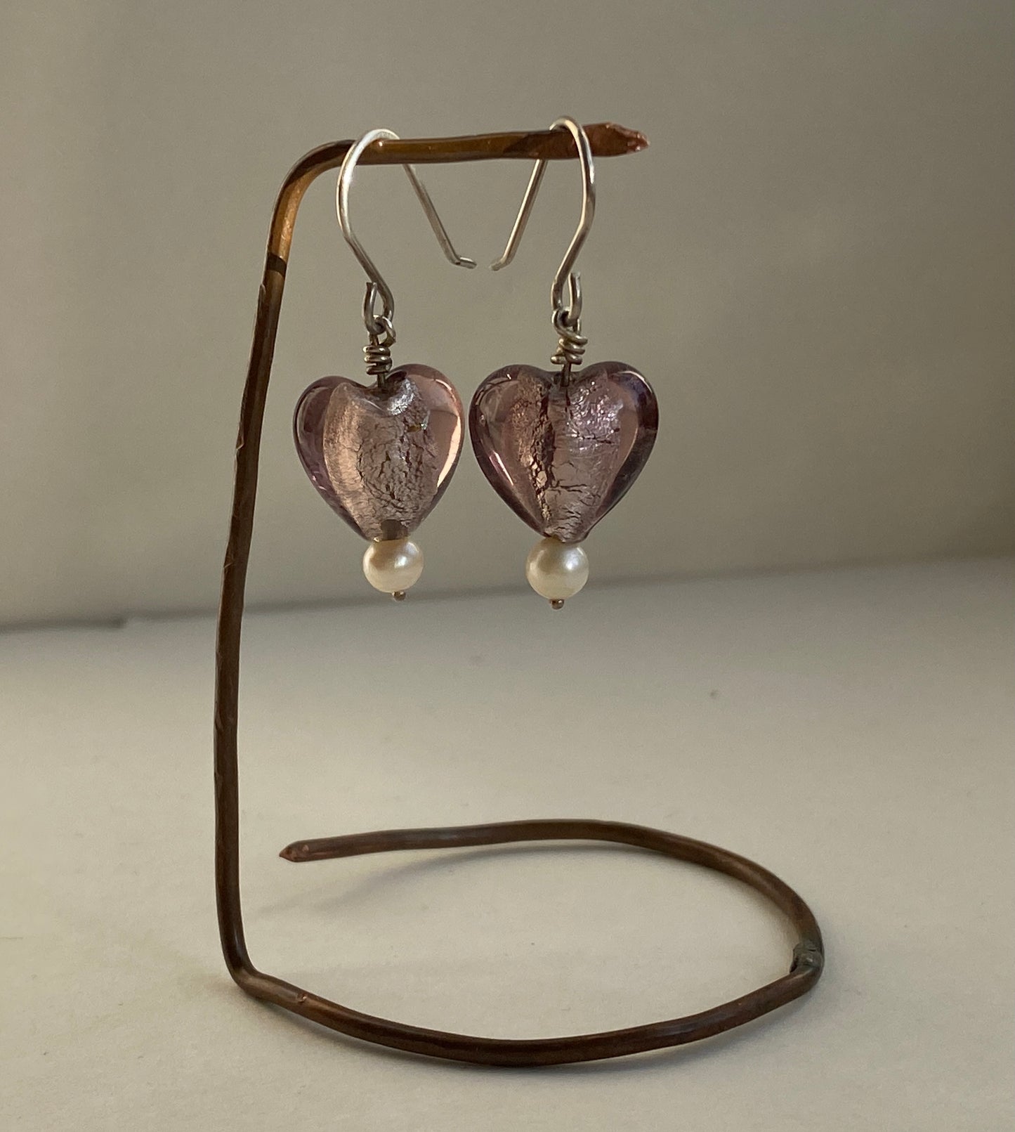 Glass Heart Silver drop Earrings with pearls