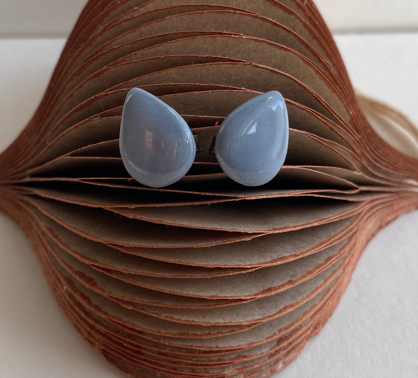 Tear drop Grey- Blue Stud ceramic Earrings on Sterling Silver