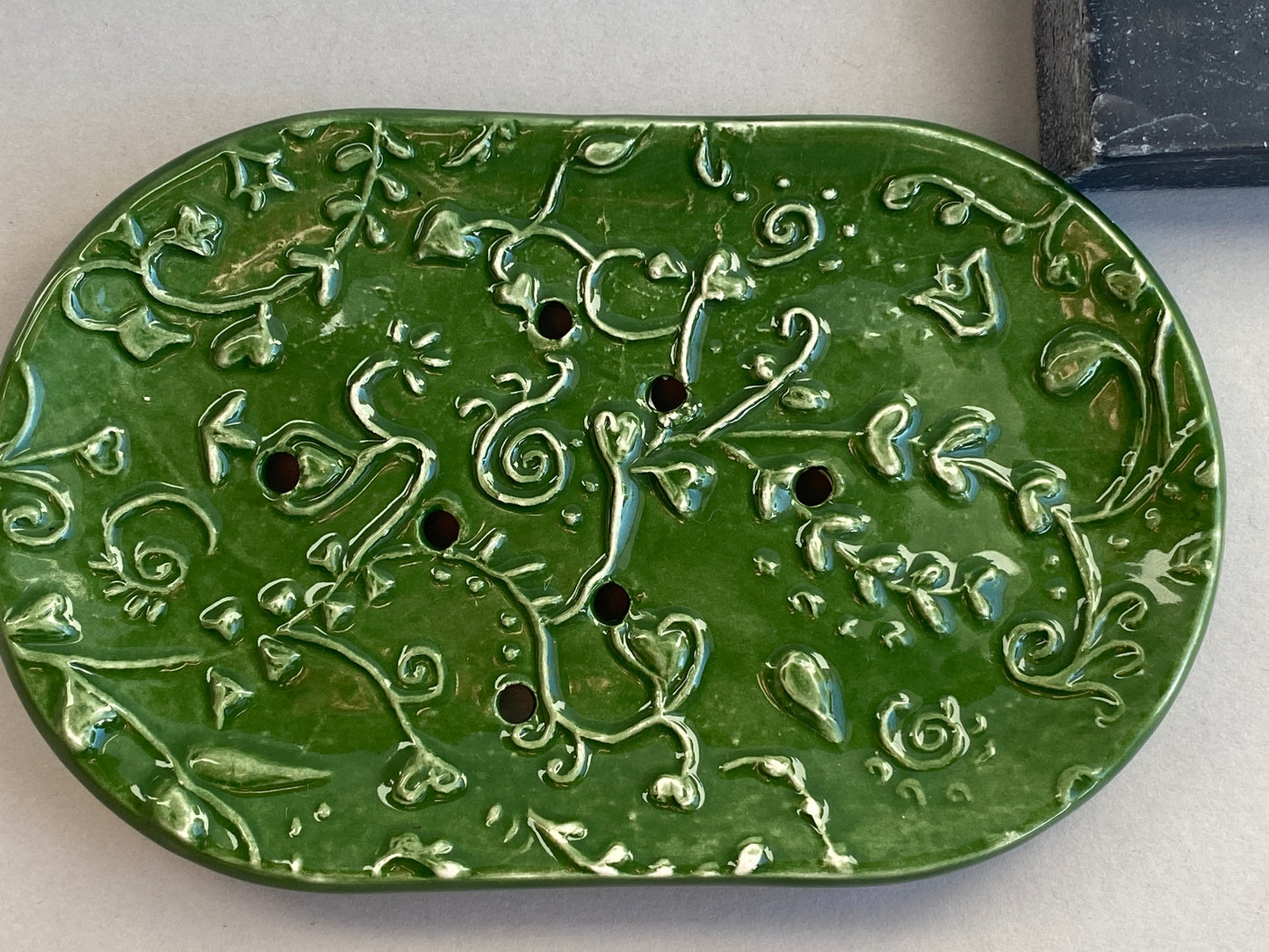 Handmade Oval Ceramic Botanical Soap Dish large
