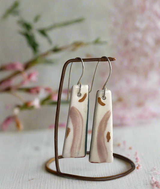Ceramic painterly Dangle Earrings - Dusky Pink Glaze - Handmade Recycled Silver Wires