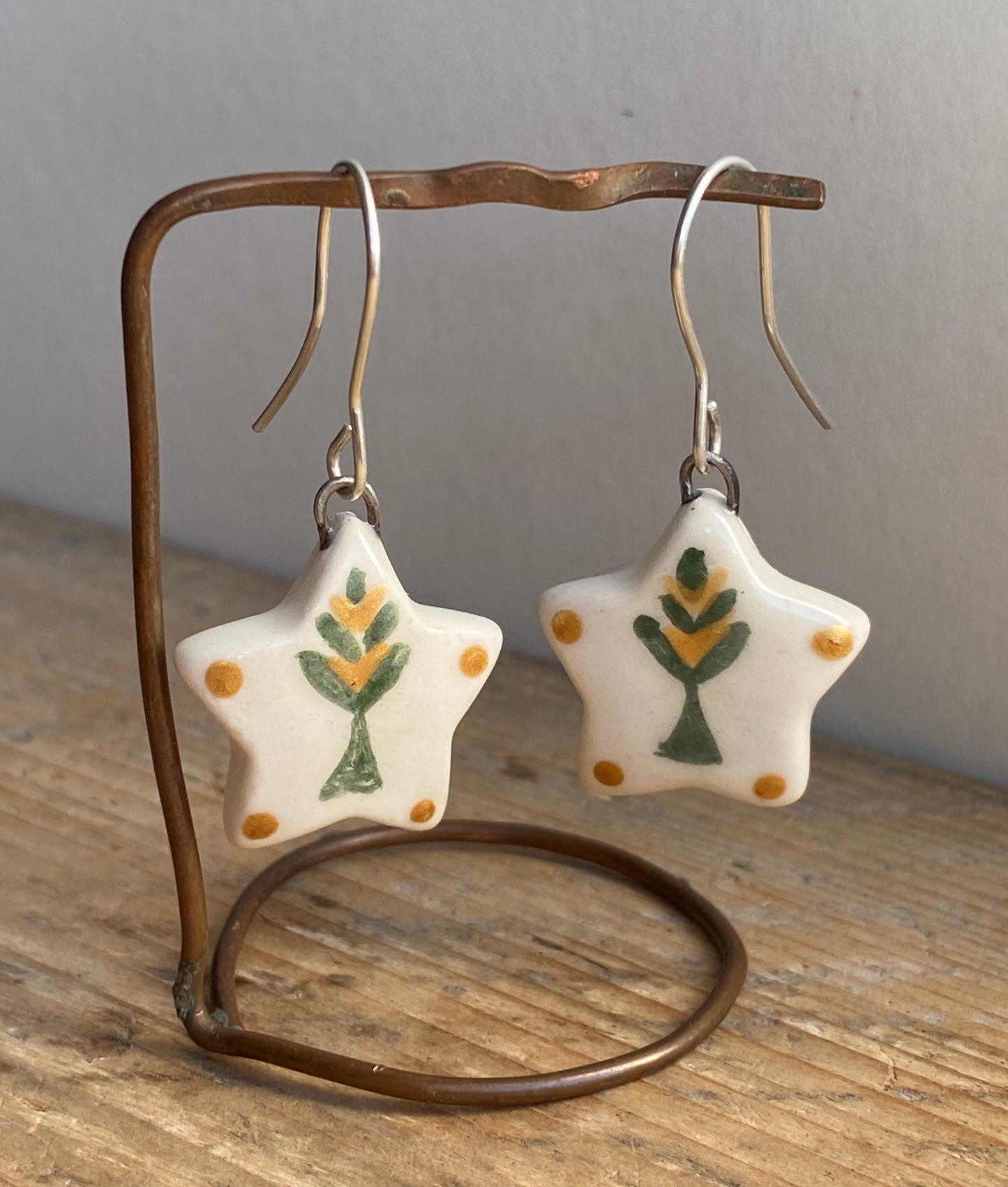 Folk Art Green Tree Handmade Dangly Earrings with Sterling Silver