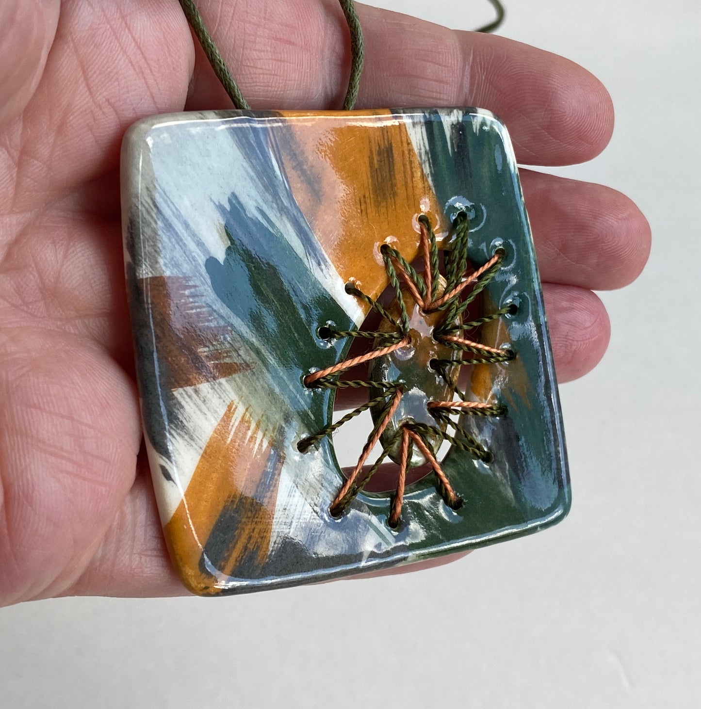 Handmade Ceramic Stitched Pendant Necklace Earthy Tones