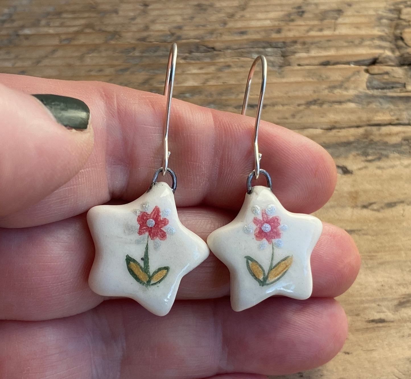 Folk Art Red Flower Handmade Dangly Earrings with Sterling Silver
