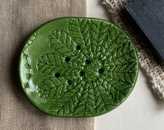 Handmade soap Dish with drainage rich green