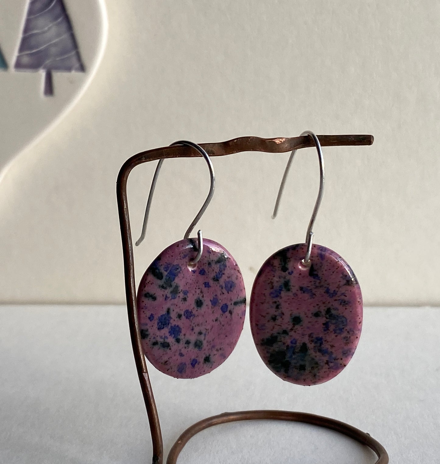 Ceramic Contemporary Dangle Earrings - Purple Blast Glaze - Handmade Recycled Silver Wires